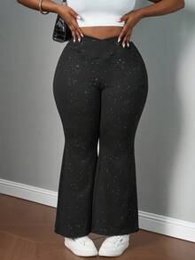 SHEIN PETITE CURVE Plus Size High Waist Flared Shiny Stretchy Knit Black Long Flare Pants, Suitable For Vacation, Outing, Date, Party, Casual Daily Wear Black Flare Pants Flared Leggings Star Pants - Black - View 5