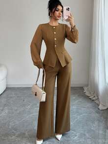 Selianne Women's Solid Color Round Neck Long Sleeve Single-Breasted Shirt And Pants Elegant 2 Pieces Set - Mustard Yellow - View 3