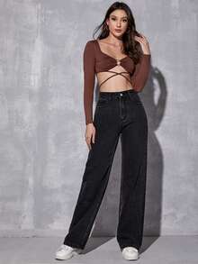 SHEIN EZwear High Waist Wide Leg Jeans - Black - View 5