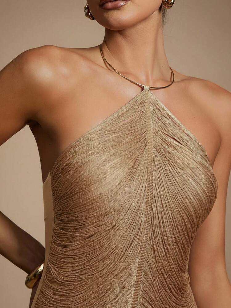 Hauture Vestido Sexy com Franjas Pendentes e Decoração de Metal Dourado para Festa - Damasco - Visão 2