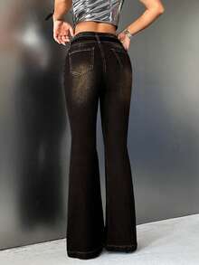 SHEIN ICON 女士低腰喇叭双扣牛仔裤 - 黑色 - 查看 2