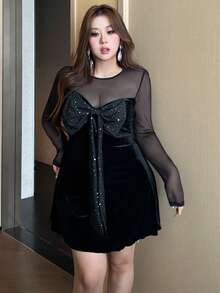 Flirla Plus Size Women's Sweet & Spicy Bodycon Mesh Patchwork Sequin Bow Knee-Length A-Line Dress - Black - View 8
