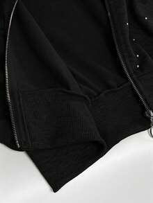 GlowEve 女士时尚休闲水钻拉链连帽衫和运动裤两件套，抽绳连帽拉链宽松长袖外套和高腰抽绳直筒宽松运动裤 - 黑色 - 查看 6