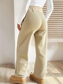 SHEIN 孕妇高弹力保暖休闲直筒高腰裤 - 卡其色 - 查看 2