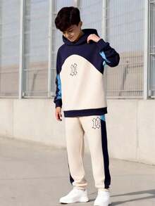 Vacaura 2pcs/Set Fashionable Tween Boys Hooded Sweatshirt With Contrast Color Splicing And Sweatpants Casual Sports Outfit
