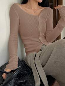 DAZY Women's Solid Color V-Neck Ribbed Oblique Shoulder Single-Breasted Long Sleeve Knitted Cardigan Spring - Gold - View 5