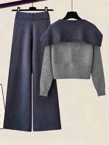 Franclia 女士时尚撞色针织两件套，简约通勤斗篷二合一圆领插肩长袖撞色修身开衫和休闲弹力腰宽松针织裤，海军蓝