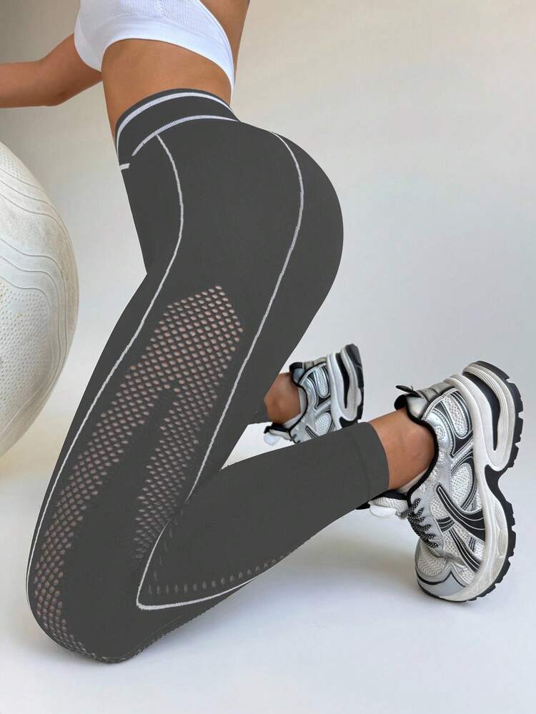 Slayform 女士不对称腰部镂空设计休闲健身紧身裤 - 深灰色 - 查看 1