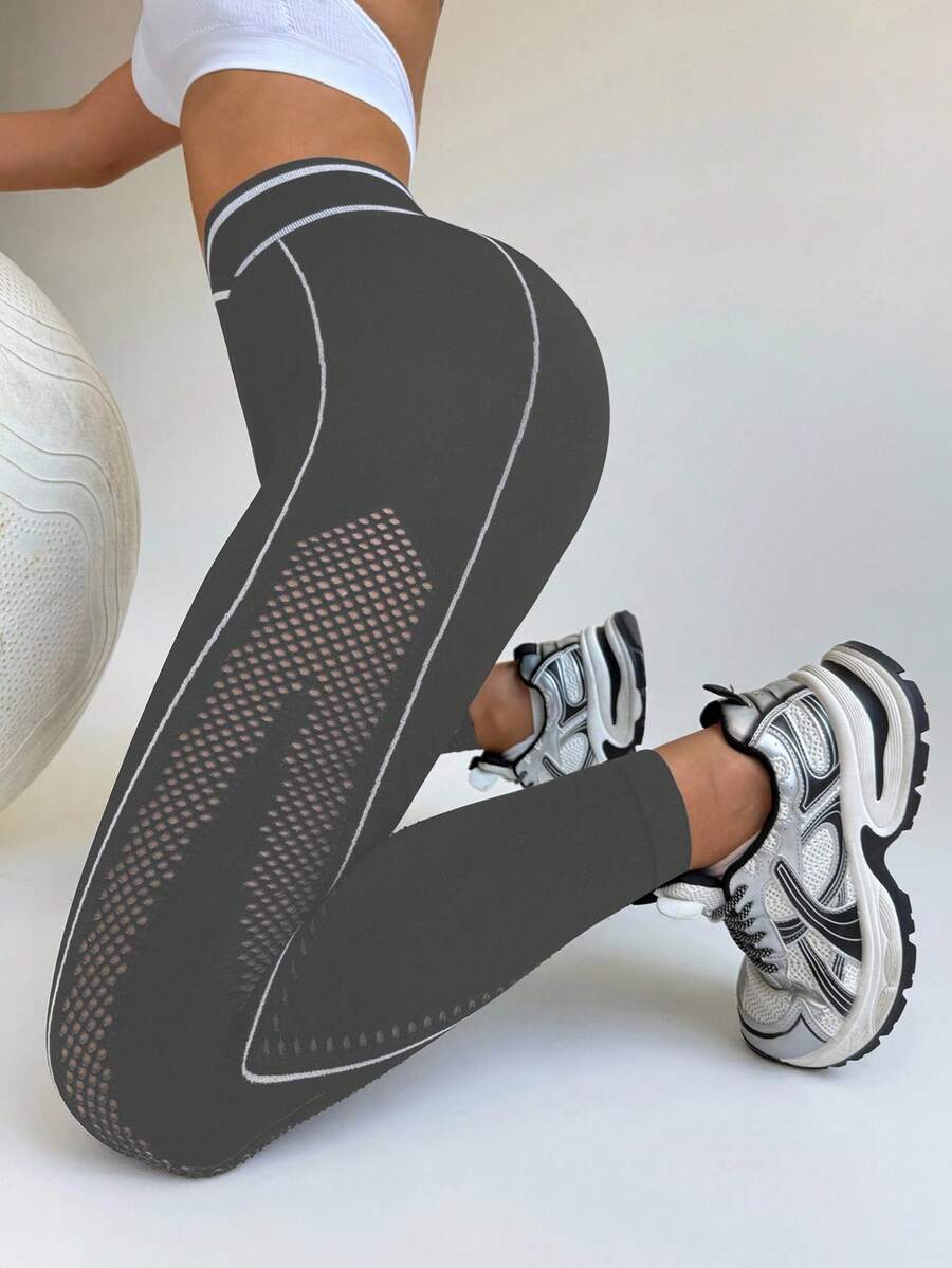 Slayform 女士不对称腰部镂空设计休闲健身紧身裤 - 深灰色 - 查看 1