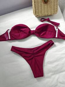 Swim Vcay Bộ 2 chiếc/Bộ đồ bơi gợi cảm dây thừng trang trí màu trơn áo bikini bandeau và quần cắt cao, xuân/hè - Màu Đỏ Sâu - Xem 2