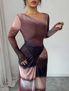 Elenzga 日落复古优雅针织网纱扎染印花连衣裙，时尚不对称领口褶皱修身显瘦高弹力隐形肚脐荷叶边下摆百搭假日女装 - 彩色 - 查看 4