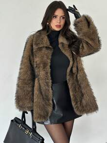 Firerie Women Elegant Autumn/Winter Fashionable Brown Gradient  Fluffy Faux Fur Jacket,Faux Fur Collar Coat/Fashionable Outerwear For Winter/Fall/Winter Street Fashion Faux Fur Jacket/Women's Winter Coat/Women's Winter Clothes/Autumn And Winter Fitted Fur Coat/Fall/Winter Fluffy Thick & Warm Loose Fit Long SleeveFaux Fur Coat For Women , Thanksgiving,Fox Fur Coat, Mid-Length Fur Jacket/Winter Clothes For Women, For Holidays, Daily Wear, Travel, Tea Party,Casual Wear For Autumn/Winter - Brown - View 11