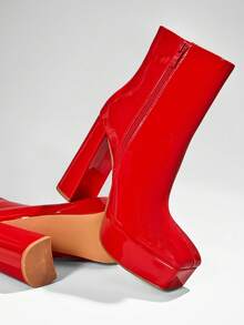 SHUZIA Giày nữ Giày bốt cổ điển có khóa kéo bên trong Mũi vuông Đế vuông Đế vuông Giày bốt đế vuông Giày bốt màu đỏ bóng - Đỏ - Xem 2