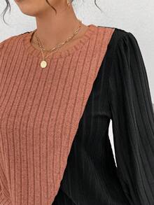 EMERY ROSE Plus Size Crew Neck Long Sleeve Soft Knit Ribbed Colorblock Asymmetrical Patchwork Top And Soft Knit Ribbed Straight Leg Pants Casual Loungewear 2 Pieces Set - Multicolor - View 4
