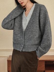 Dazy-Less Áo khoác cardigan trơn màu thường ngày dành cho nữ, đa năng cho mùa thu/đông - Xám - Xem 7