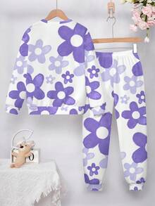 SHEIN Leap Crew 可爱卡通紫色兔子和渐变色花卉，青少年女孩休闲宽松圆领舒适长袖套头衫和运动裤套装，适合秋冬季 - 彩色 - 查看 3