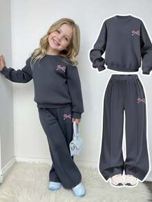 少女蝴蝶结印花圆领长袖卫衣和松紧腰运动裤套装 - 黑色 - 查看 6