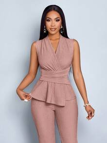 SOLERSUN 女款杏色优雅V领长袖T恤阔腿裤两件套不对称下摆两件套日常休闲女装春夏无袖短袖 - 淺粉色 - 查看 7