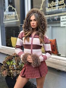 SHEIN Unity Chaqueta de punto con cremallera, ajustada y cálida, con cuello y puños de peluche, de estilo vintage y de colores rayados para niña, para otoño/invierno - Multicolor - Ver 5
