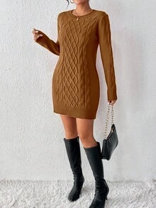 Rafferiza Gaun Sweater Rajut Model Twist untuk Wanita, Cocok Sebagai Pakaian Tahun Baru - Coffee Brown - View 5