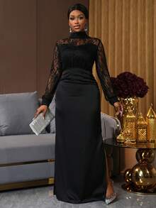 SHEIN Ladiora Women's Black Lace High Neck Lantern Sleeve Satin Waist Slit Dress - Black - View 1