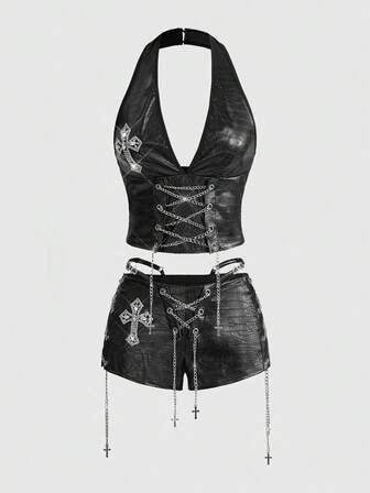 Grunge Punk 2 pezzi Set di top corto a canotta e pantaloncini aderenti a vita bassissima in stile retrò gyaru in PU