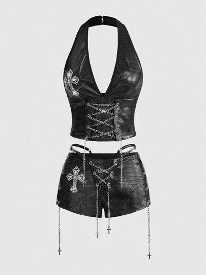 ROMWE Grunge Punk Spring/Summer Carnival Party Black 2pcs Women's Retro Gyaru Biker PU Halter Crop Top & Super Low-Rise Mini Bodycon Shorts Set