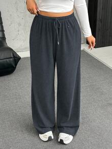 SHEIN EZwear 大码保暖抓绒抽绳腰宽松休闲裤 - 灰色 - 查看 1