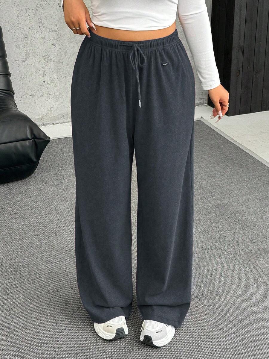 SHEIN EZwear 大码保暖抓绒抽绳腰宽松休闲裤 - 灰色 - 查看 1