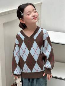 DAZY Girls Vintage V-Neck Argyle Patchwork Pullover Sweater Top, Young Girl Fall Fashion - Coffee Brown - View 6