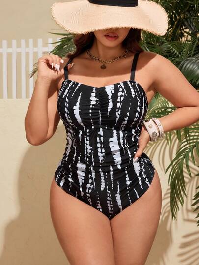 Swim Lushoire Plus Size One-Piece Swimsuit With Waist Ruching And Black & White Floral Print Plus Size One Piece Swimsuit Tummy Control Swimsuit Black And White Swimsuit Plus Size Swimwear Bathing Suits Plus Women