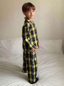 Dazy Kids 男童格子长袖单排扣上衣和裤子睡衣套装 - 黃色 - 查看 4