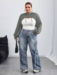 SHEIN CURVE+ 大码黑色针织超短款连帽毛衣，适合秋冬穿/秋冬 - 灰色 - 查看 7