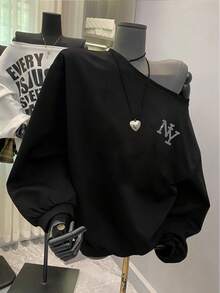 Almamuse 美国性感复古 NY 字母水钻露肩长袖卫衣，女款黑色纽约 NY 字母水钻露肩长袖卫衣，休闲宽松修身黑色上衣，优雅舒适的设计，休闲户外卫衣 - 黑色 - 查看 5