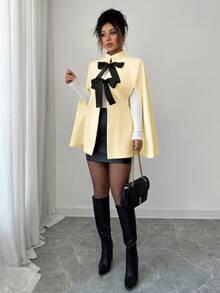 Rafferiza 时尚优雅宽松白色羊毛混纺斗篷外套（女士款） - 淡黃色 - 查看 5