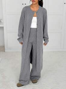 SHEIN EZwear Áo khoác cardigan dệt kim dài tay đơn hàng khuy đơn, dáng rộng, màu trơn, dáng rộng, dáng rộng, dáng dài thường ngày cho nữ, mùa thu/đông - Xám - Xem 3
