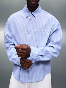 PLAYBOY X SUMWON Mens Regular Fit Long Sleeve Button Down Dress Shirt With Vertical Pinstripes Collared Office Business Professional Formal Casual - Blue and White - View 1