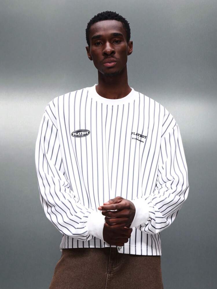 PLAYBOY X SUMWON Striped Long Sleeve Crop Sweatshirt