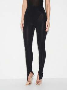 KIZN High Rise Mesh Panel Button Detail Leggings With Sheer Cutout Design And Stirrup Foot Straps - Black - View 1