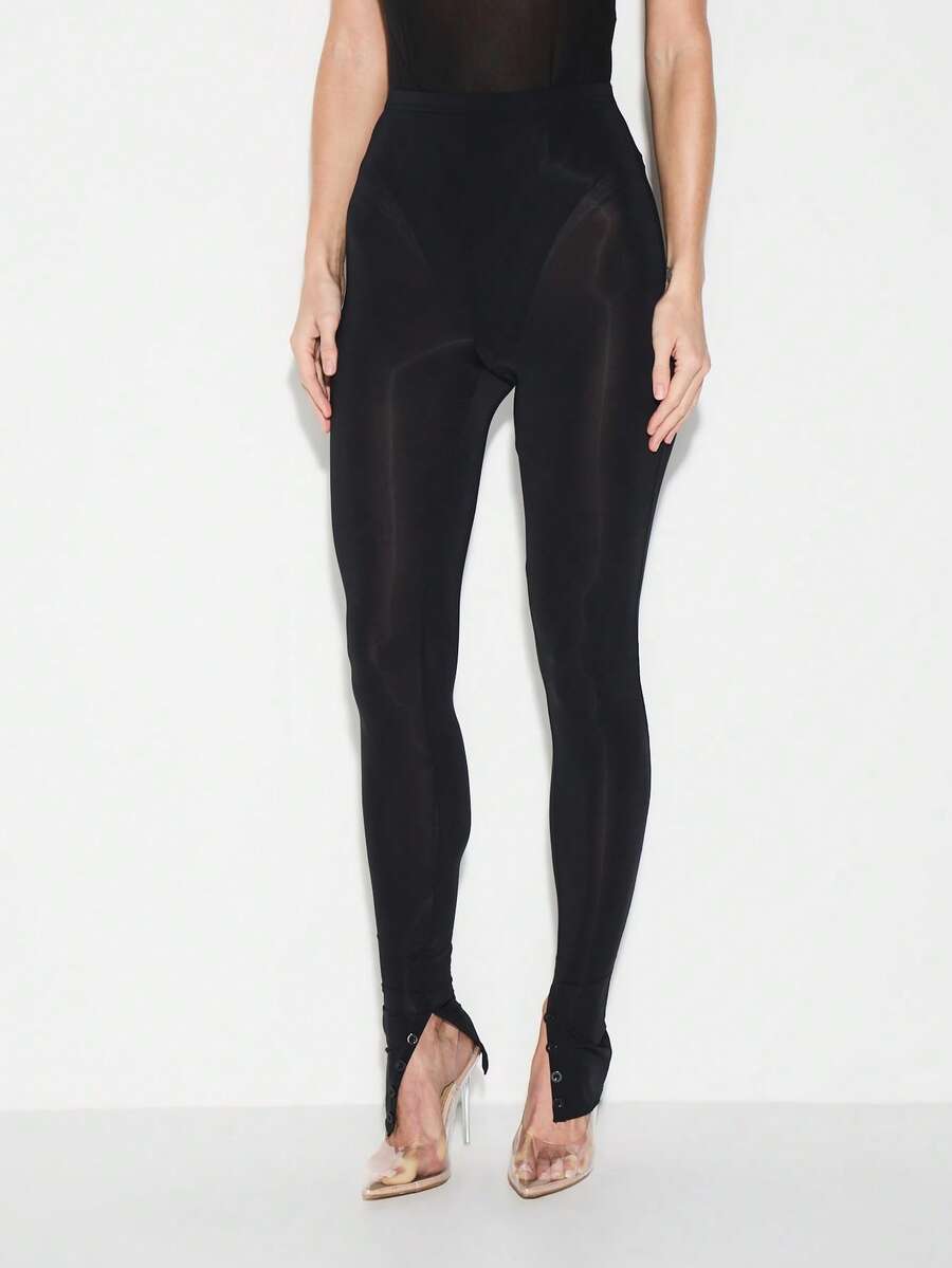 KIZN High Rise Mesh Panel Button Detail Leggings With Sheer Cutout Design And Stirrup Foot Straps - Black - View 1