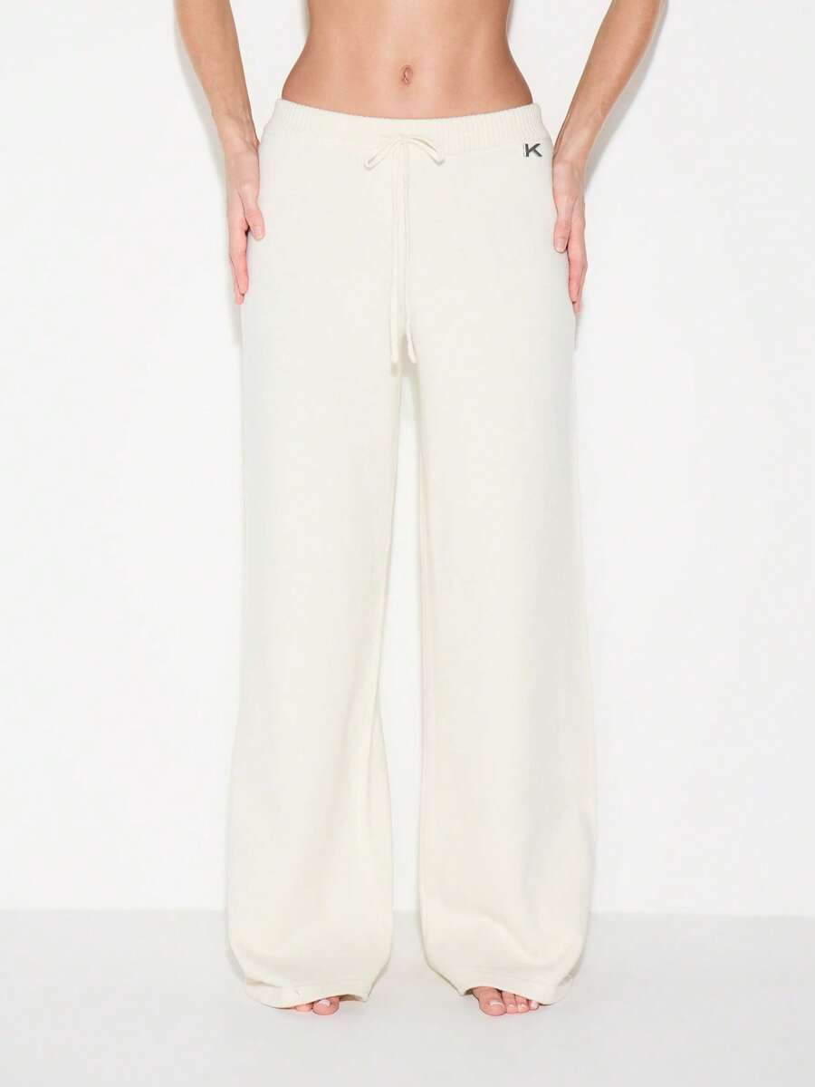 KIZN 柔软针织阔腿抽绳慢跑裤休闲宽松弹力腰带运动裤 - 白色 - 查看 1