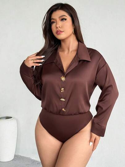 Firerie Plus Size Elegant Front Button Dropped Shoulder Long Sleeve Bodysuit, Suitable For Commuting, Autumn Brown Blouse Coffee Brown Top Office Blouse Brown Shirts For Women Business Casual Tops Woman