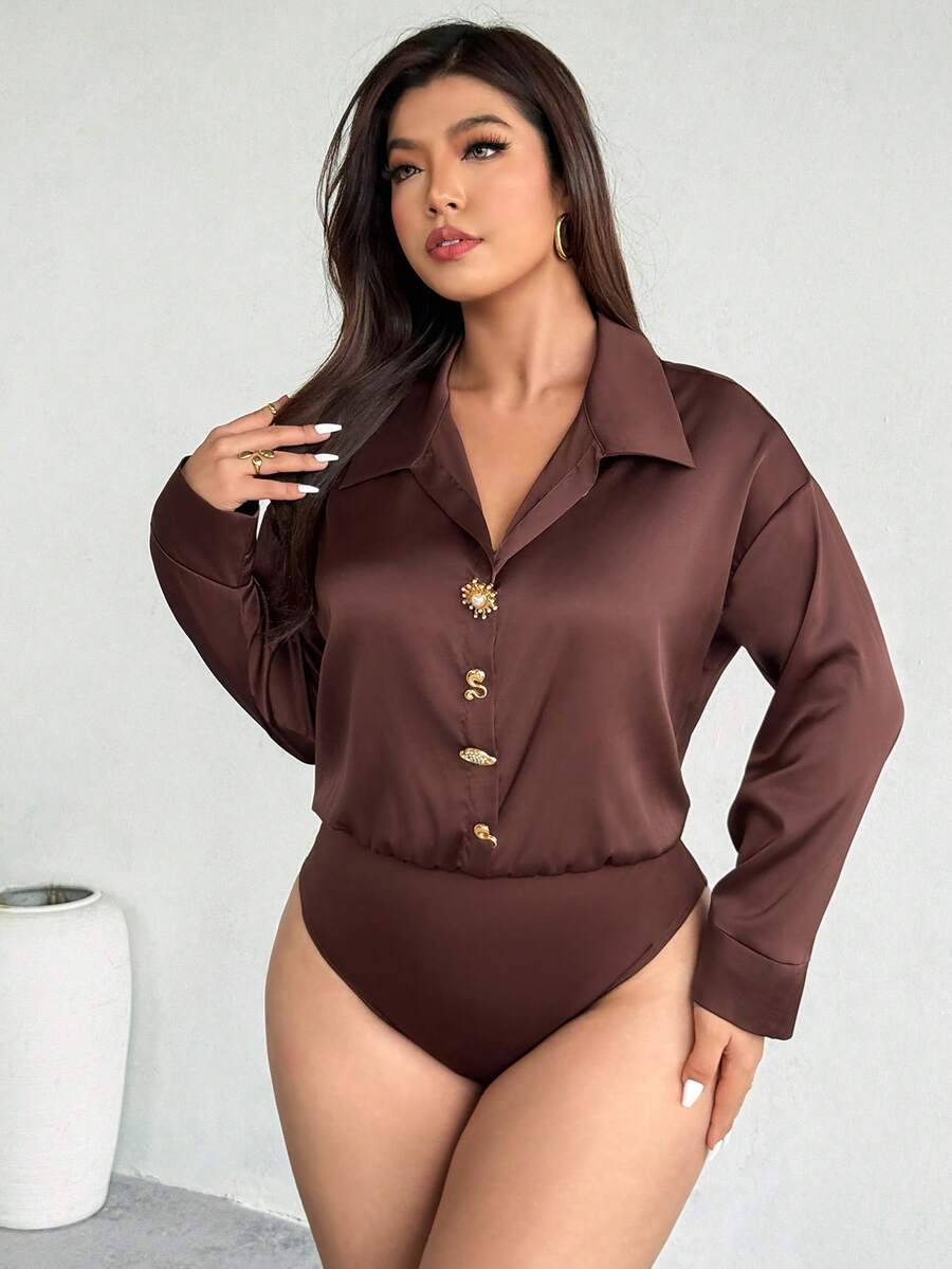 Firerie Plus Size Elegant Front Button Dropped Shoulder Long Sleeve Bodysuit, Suitable For Commuting, Autumn Brown Blouse Coffee Brown Top Office Blouse Brown Shirts For Women Business Casual Tops Woman - Coffee Brown - View 1