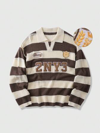 Prep Suéter de hombre a rayas rosa con bordado, adecuado para el Día de San Valentín