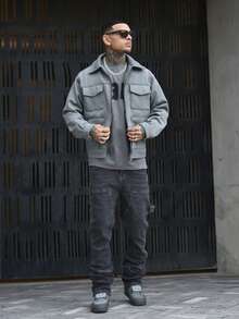 Devon Thys 男士翻盖口袋拉链绒面革夹克，适合秋冬 - 淺灰色 - 查看 5