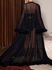 Slumberist 女士喇叭袖荷叶边性感网纱超长睡袍 Slumberist 女士性感蕾丝连体衣内衣套装 - 黑色 - 查看 2