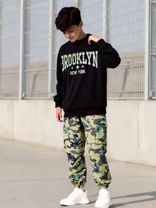 Vacaura Teen Boy Casual Letter Print Sweatshirt And Camouflage Cargo Pants Set, Autumn - Black - View 1