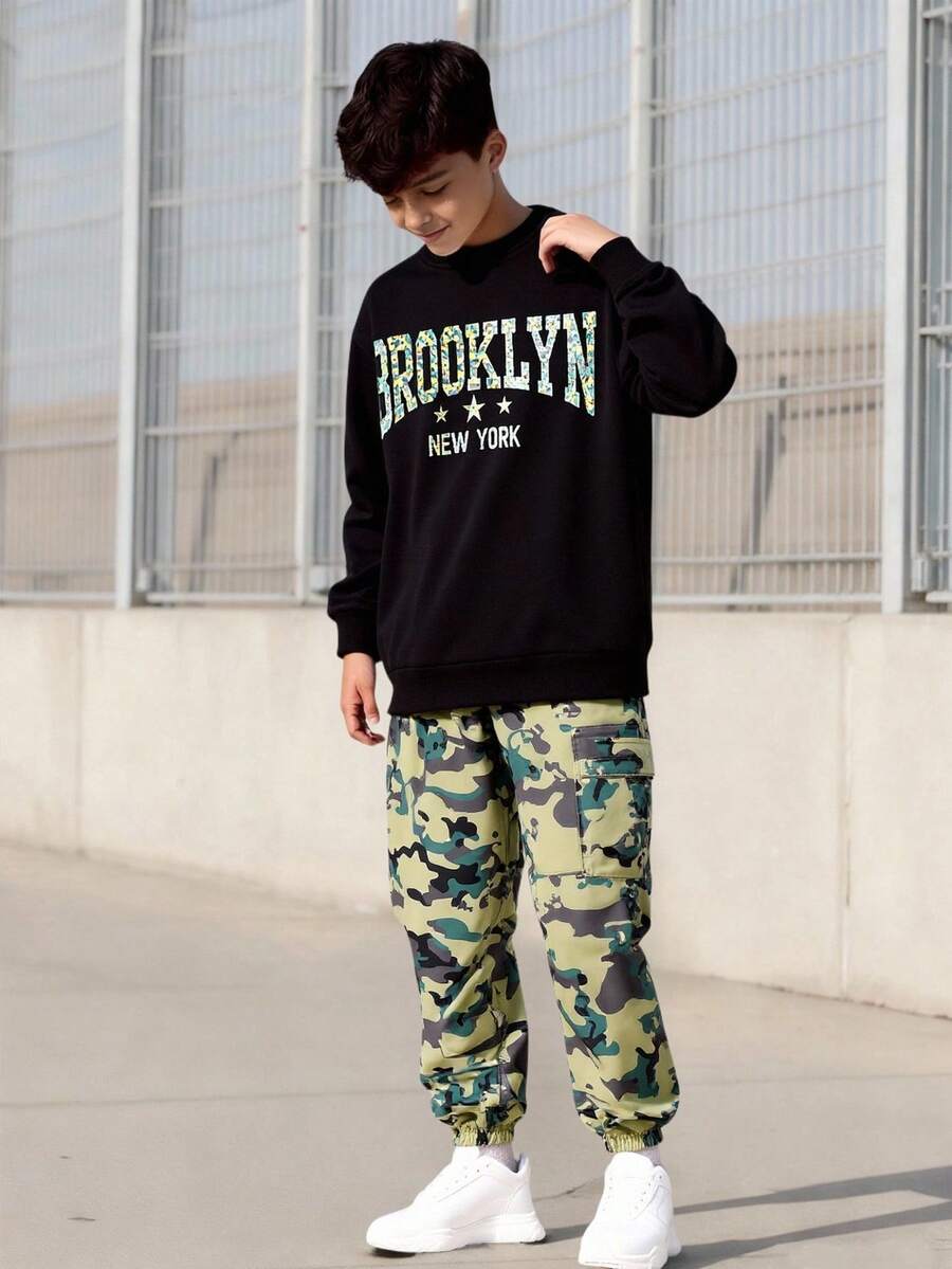 Vacaura Teen Boy Casual Letter Print Sweatshirt And Camouflage Cargo Pants Set, Autumn - Black - View 1