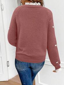 Serisse 女士爱心刺绣拼接插肩袖毛衣，长袖上衣，秋冬针织衫 - 藕粉色 - 查看 2