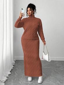 Elenzga 大码毛衣和紧身裙两件套，休闲宽松圆领套头衫 - 鏽棕色 - 查看 5